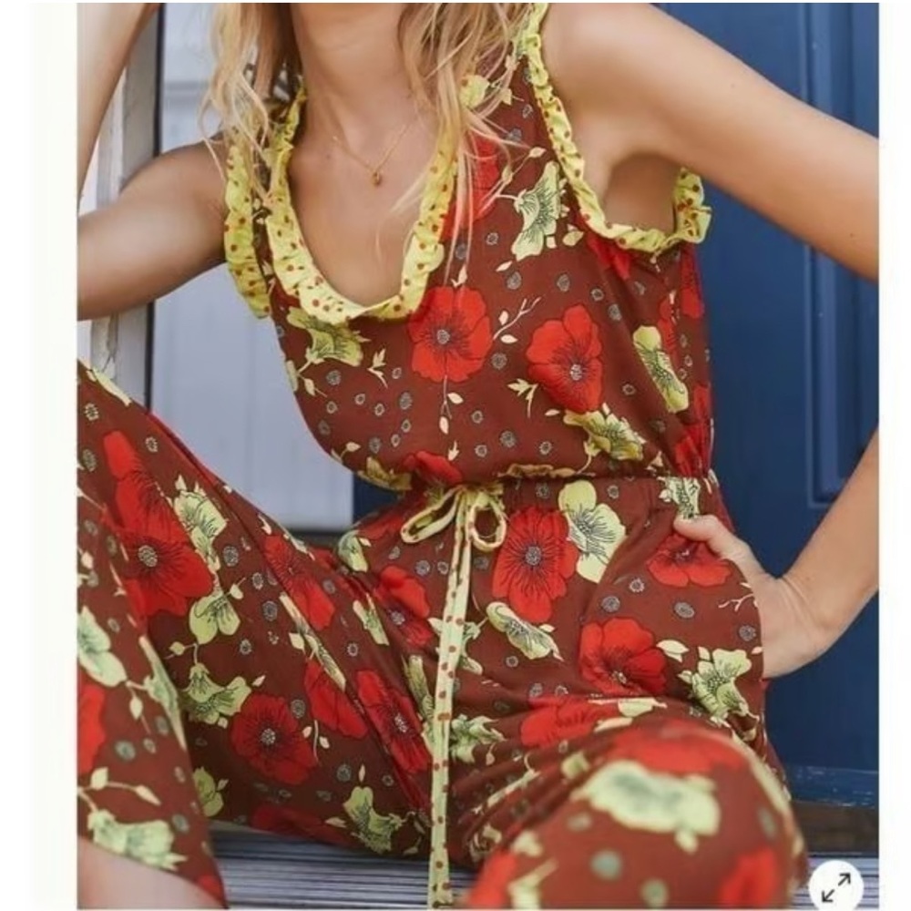 Anthropologie Floral Jumpsuit in Red and yellow